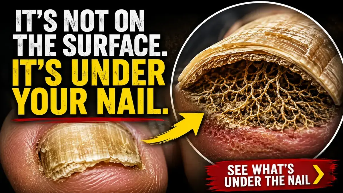 Thick yellow toenail with an enlarged view beneath the nail