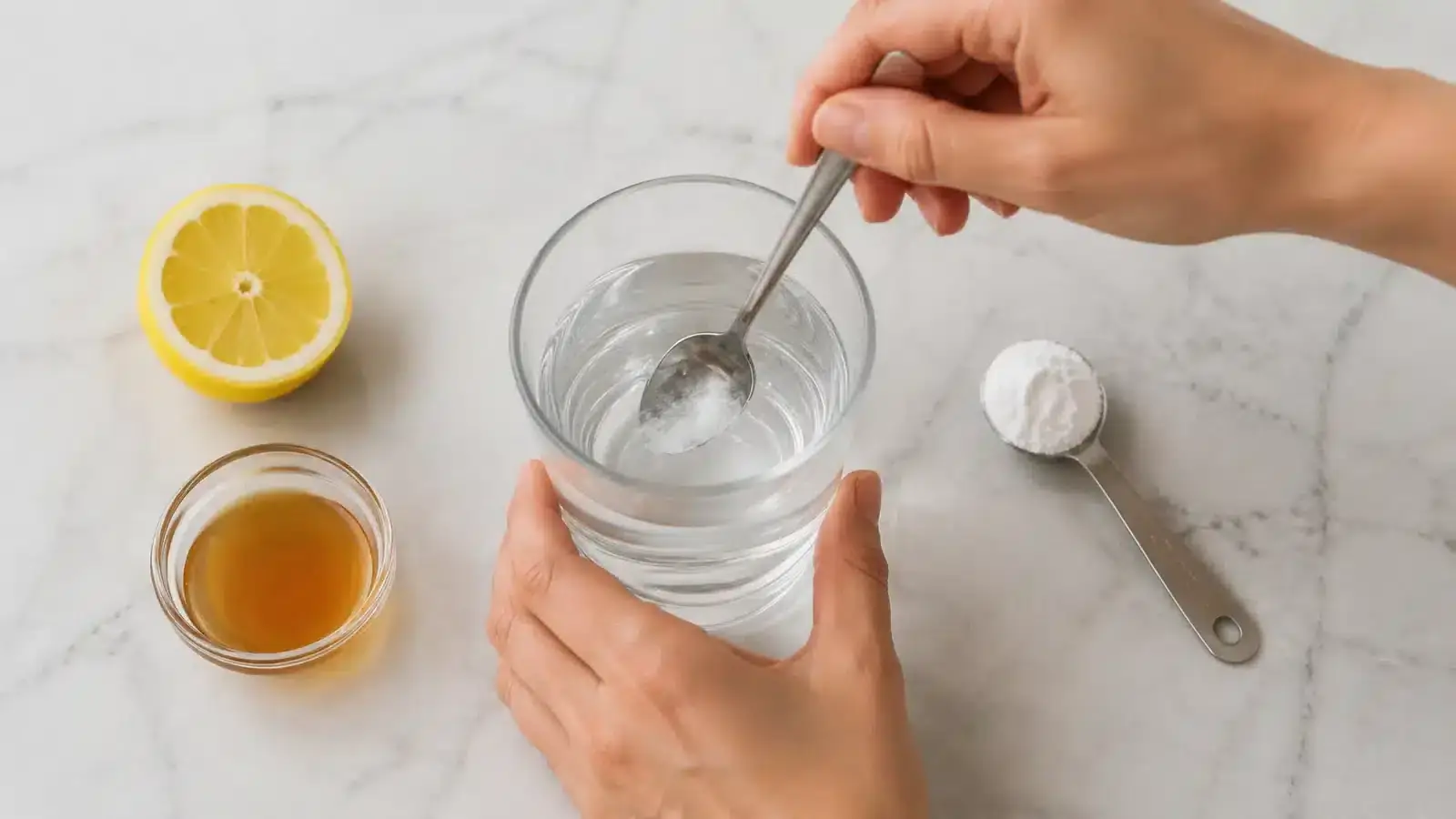 A glass of water with baking soda and lemon beside it